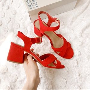 14th & UNION Suede Ankle Strap Stacked Heels Red